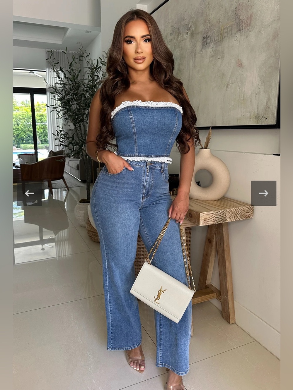 Denim Strapless Tube Top & High-Rise Wide-Leg Jeans Set - Blue Size Small